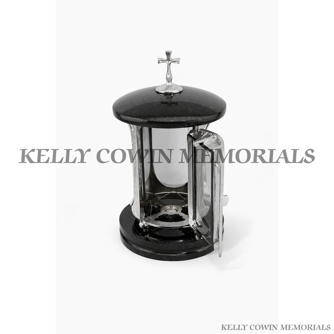Black granite memorial lantern with silver silver frame graveside candle holder accessory by Kelly Cowin Memorials Ireland