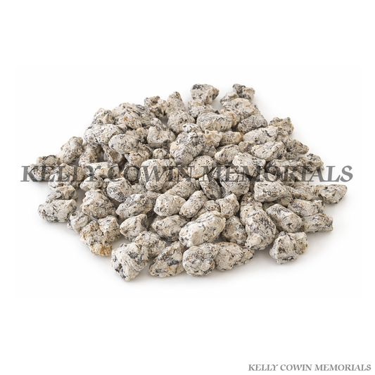 Silver grey granite chippings for grave memorial supplied in Dublin by Kelly Cowin Memorials with nationwide delivery across Ireland.