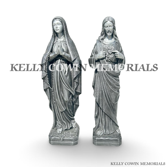 Front view of silver Our Lady and Our Lord memorial statues