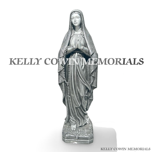 Silver Our Lady Virgin Mary memorial statue for graveside ornament in Ireland by Kelly Cowin Memorials