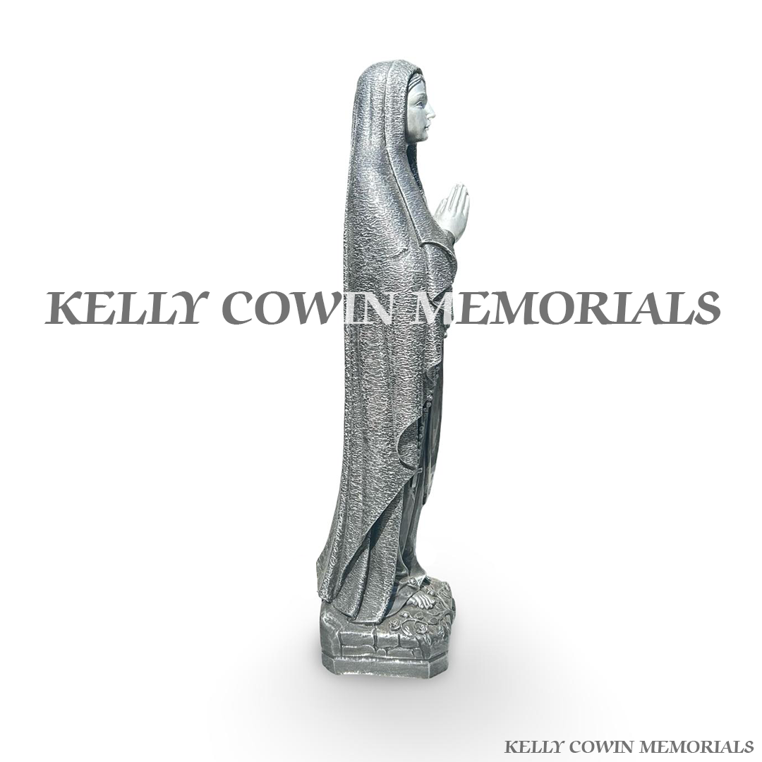 Silver Our Lady Virgin Mary memorial statue for graveside ornament in Ireland by Kelly Cowin Memorials side view