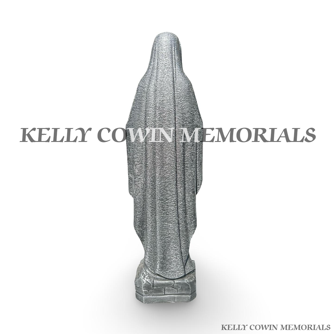 Silver Our Lady Virgin Mary memorial statue for graveside ornament in Ireland by Kelly Cowin Memorials back view