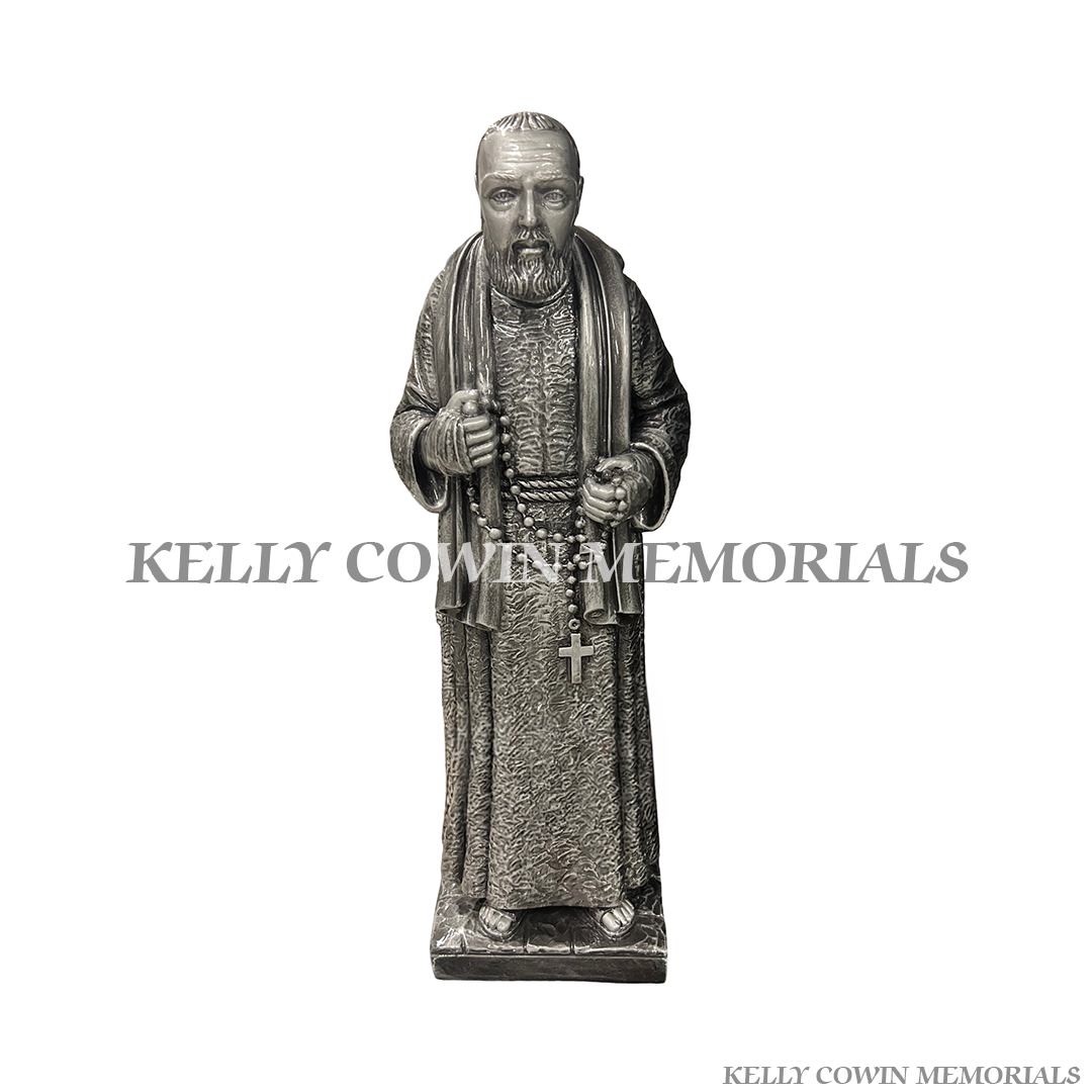 Front view of silver Padre Pio religious memorial ornament with rosary detail for graveside tribute in Ireland