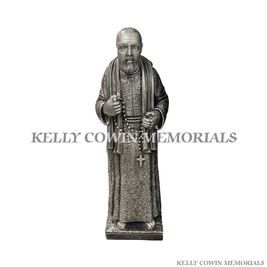 Front view of silver Padre Pio religious memorial ornament with rosary detail for graveside tribute in Ireland