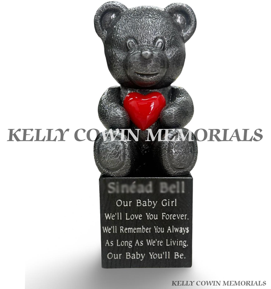 Silver ceramic teddy bear holding a red heart on a personalised black granite memorial block for a baby or child by Kelly Cowin Memorials.