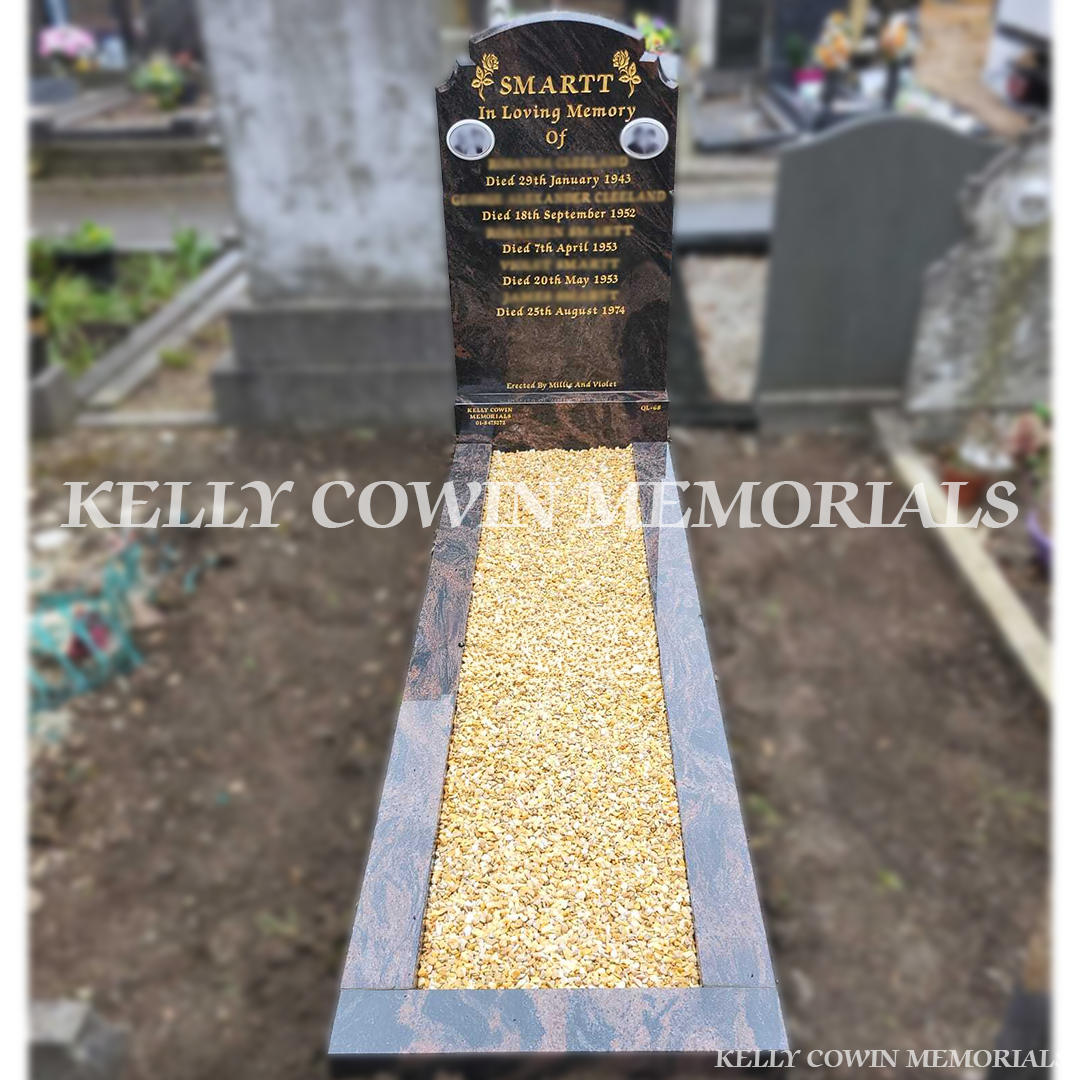Full-length polished granite headstone and grave surround installed in Glasnevin Cemetery by Kelly Cowin Memorials.