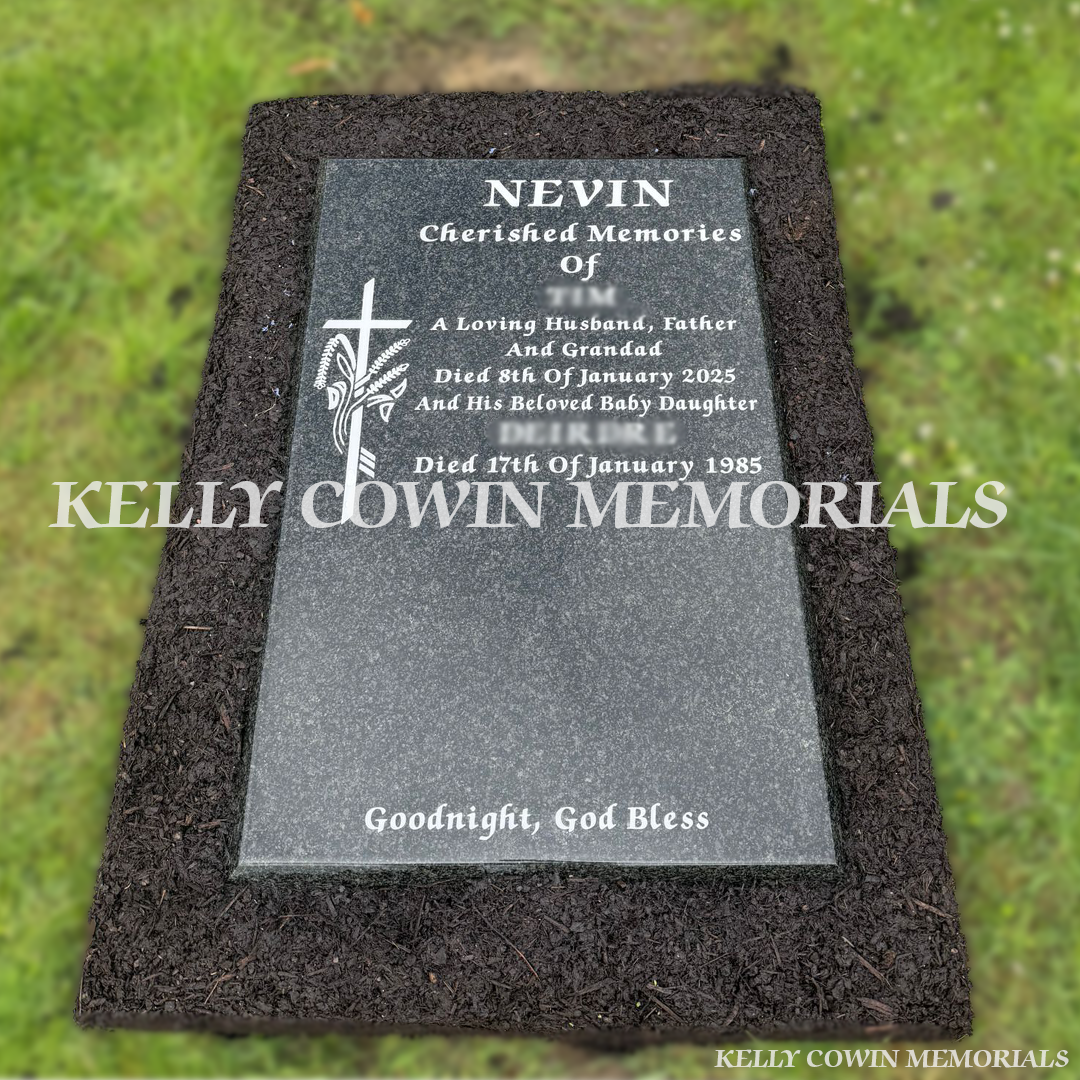 Rustenburg granite lawn headstone with engraved inscription and decorative cross motif erected in St Fintan's Cemetery Sutton Dublin by Kelly Cowin Memorials.