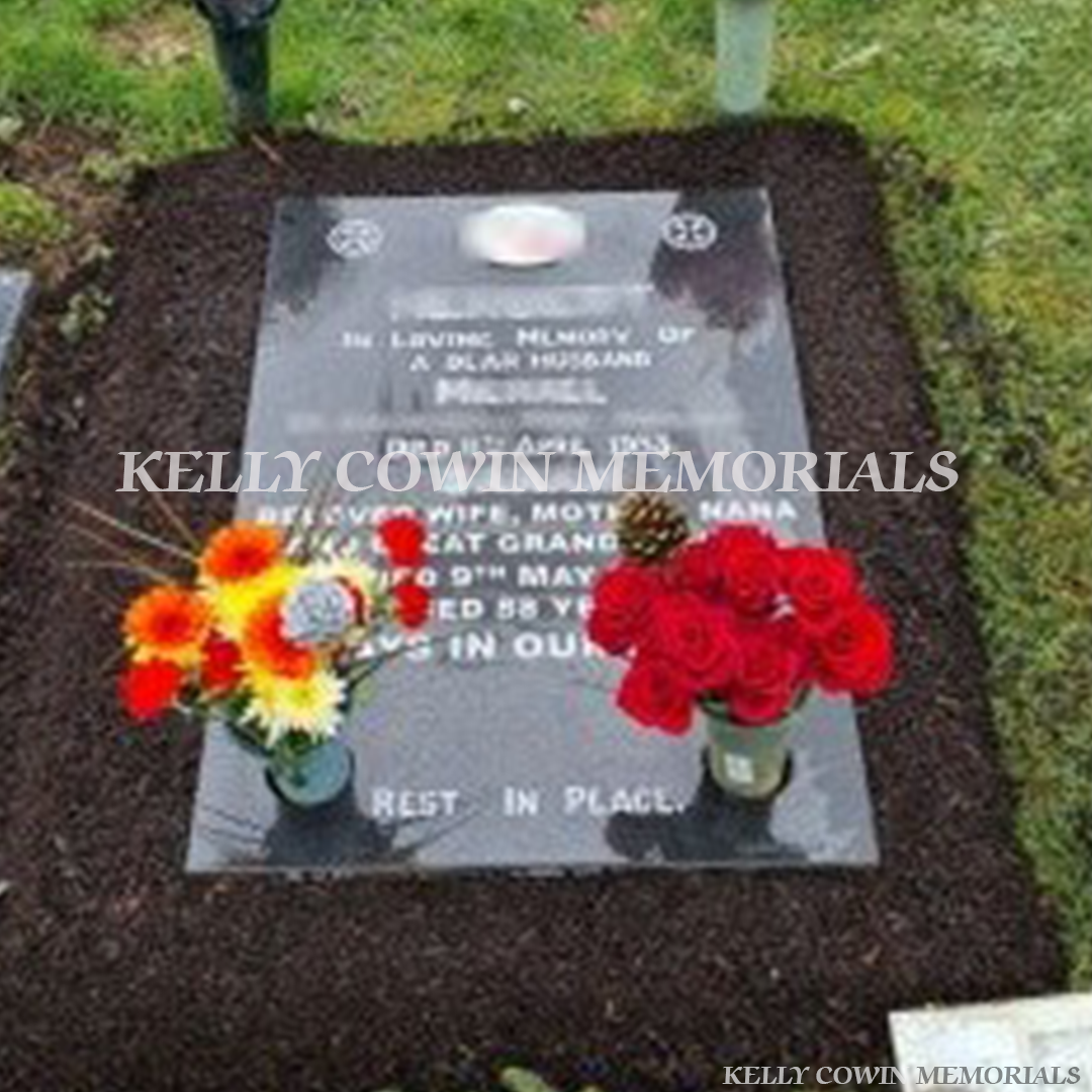  after headstone plaque renovation in St Fintan’s Cemetery with cleaned lettering and fine bark grave finish