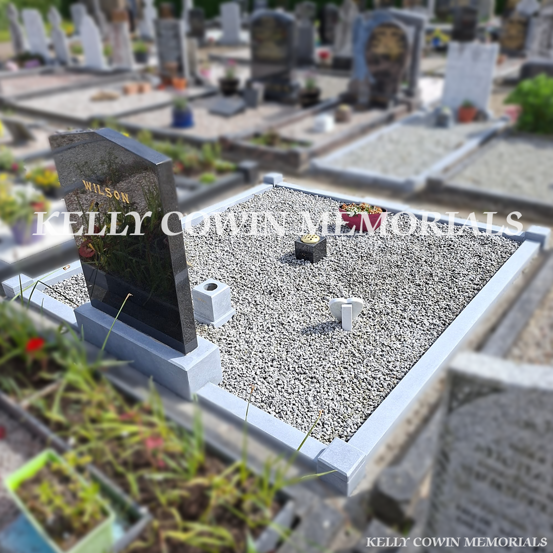 After renovation of restored limestone kerbing and repainted gold lettering in Balbriggan