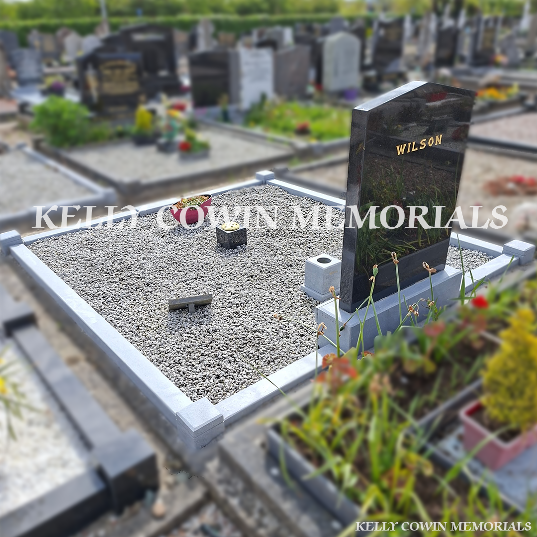 After renovation of restored limestone kerbing and repainted gold lettering in Balbriggan