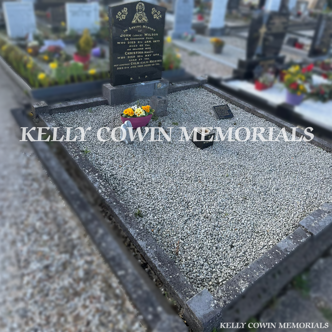Before renovation of black granite headstone and limestone kerbing in Balbriggan cemetery