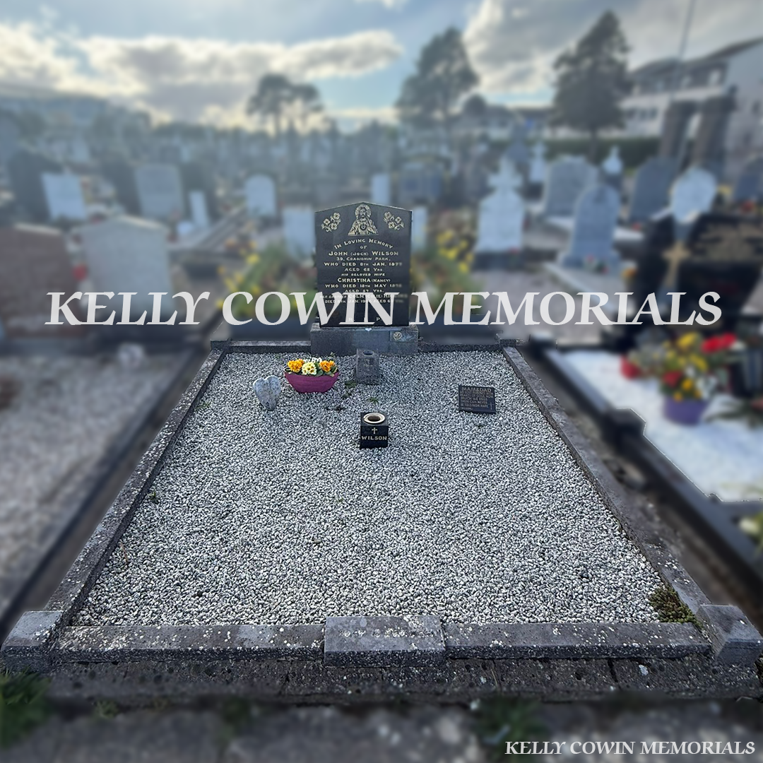 Before renovation of black granite headstone and limestone kerbing in Balbriggan cemetery