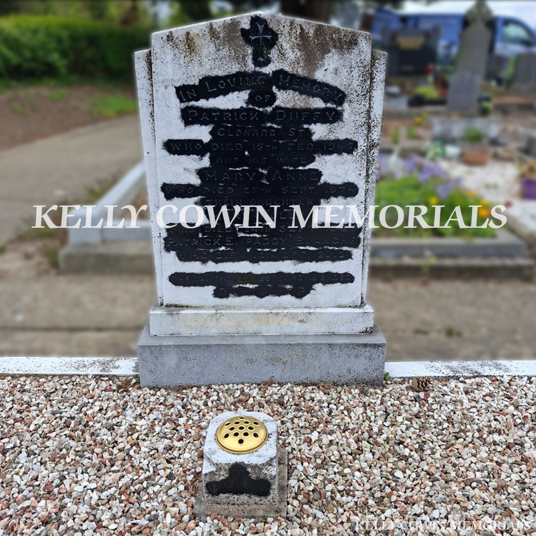 Before renovation of white marble headstone and kerbing in St. Peter and Paul’s Cemetery
