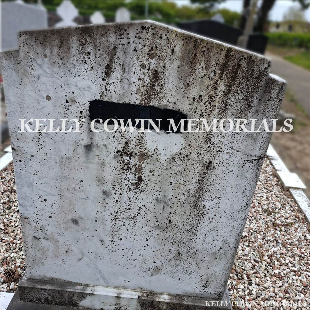 Before renovation of white marble headstone and kerbing in St. Peter and Paul’s Cemetery