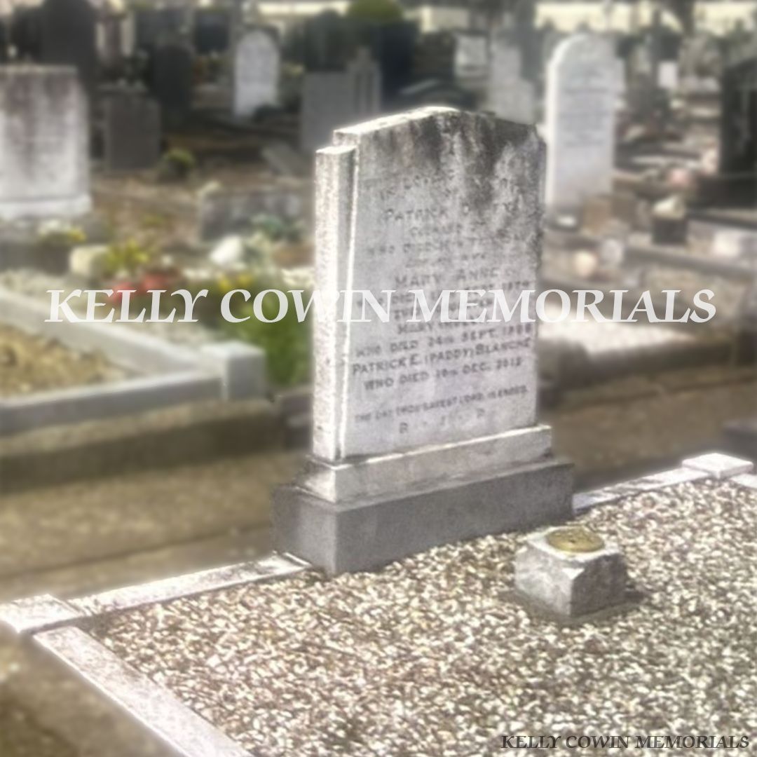 Before renovation of white marble headstone and kerbing in St. Peter and Paul’s Cemetery