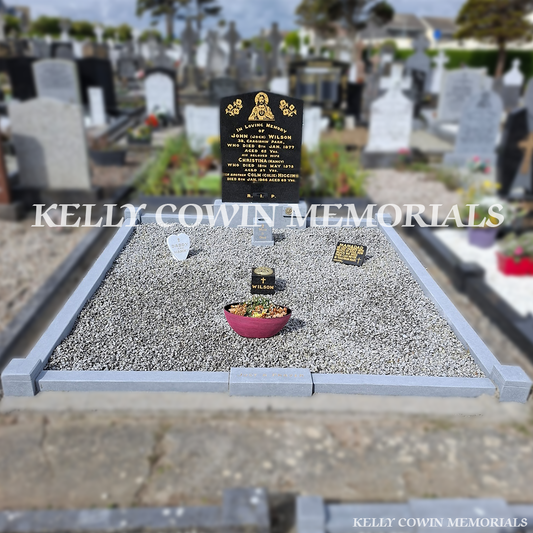 After renovation of restored limestone kerbing and repainted gold lettering in Balbriggan