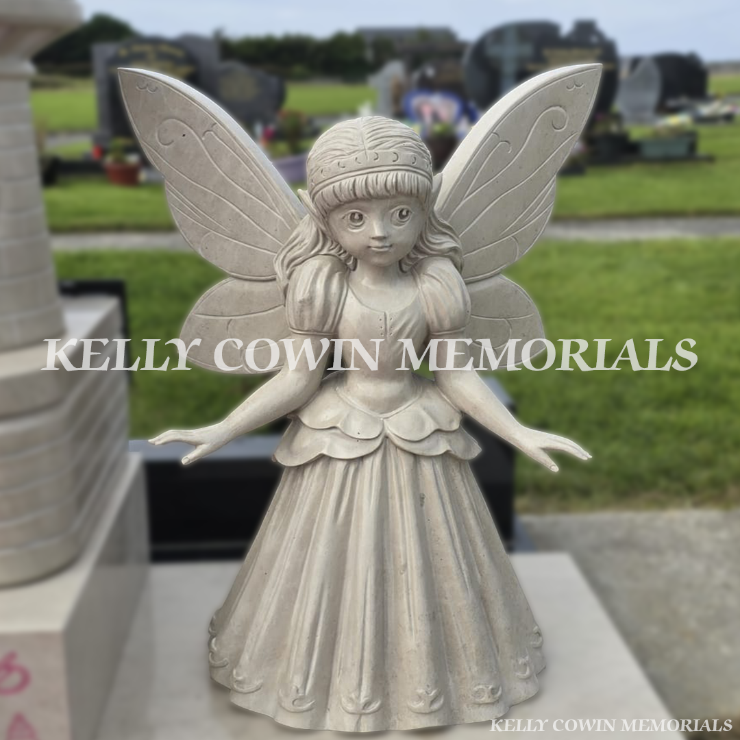 Stone fairy statue from Haley Beige princess castle memorial in County Clare by Kelly Cowin Memorials.