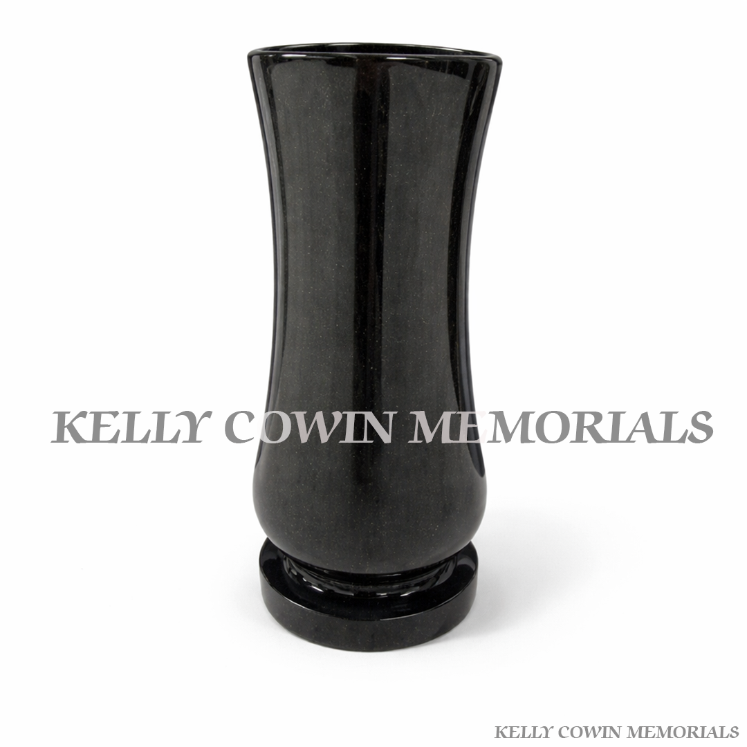 Tall polished black granite memorial vase with tapered flared shape for grave flowers by Kelly Cowin Memorials Ireland