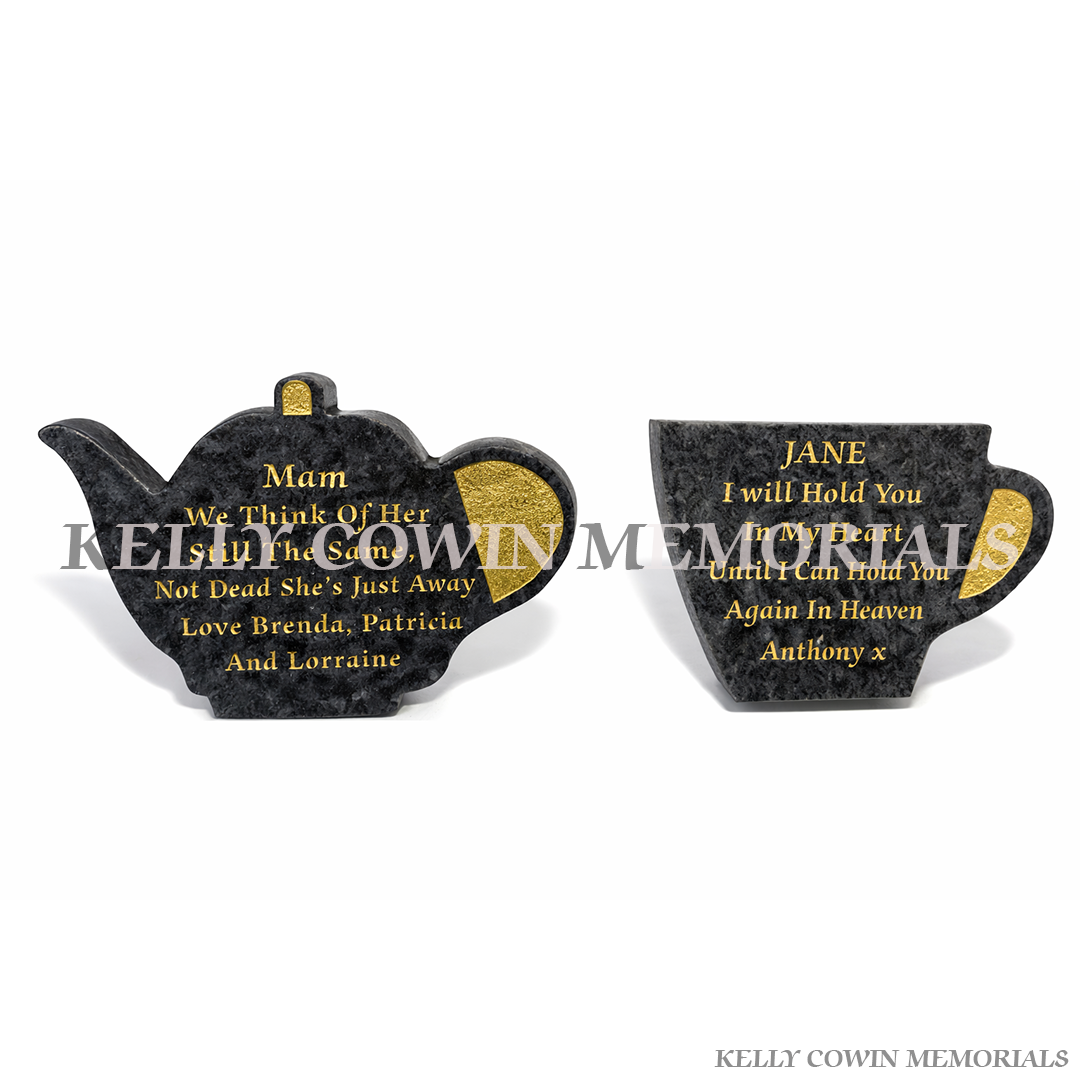 Blue Lagoon granite tea pot and cup of tea memorial set engraved in gold lettering by Kelly Cowin Memorials Ireland