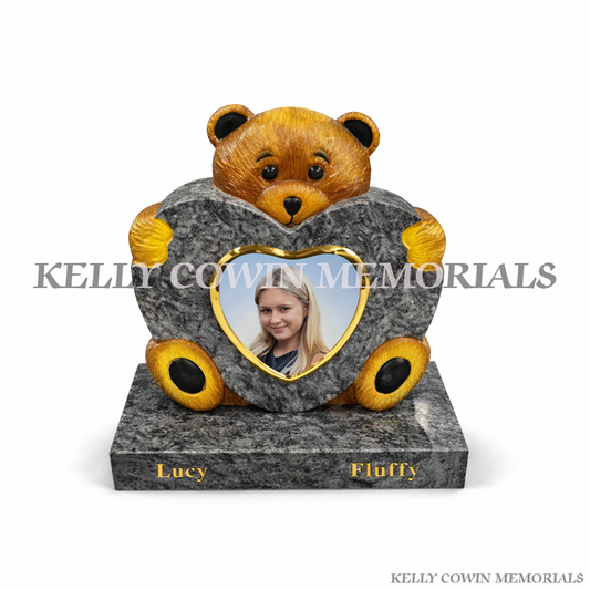 Blue Lagoon granite teddy bear holding heart memorial with ceramic photo insert Ireland