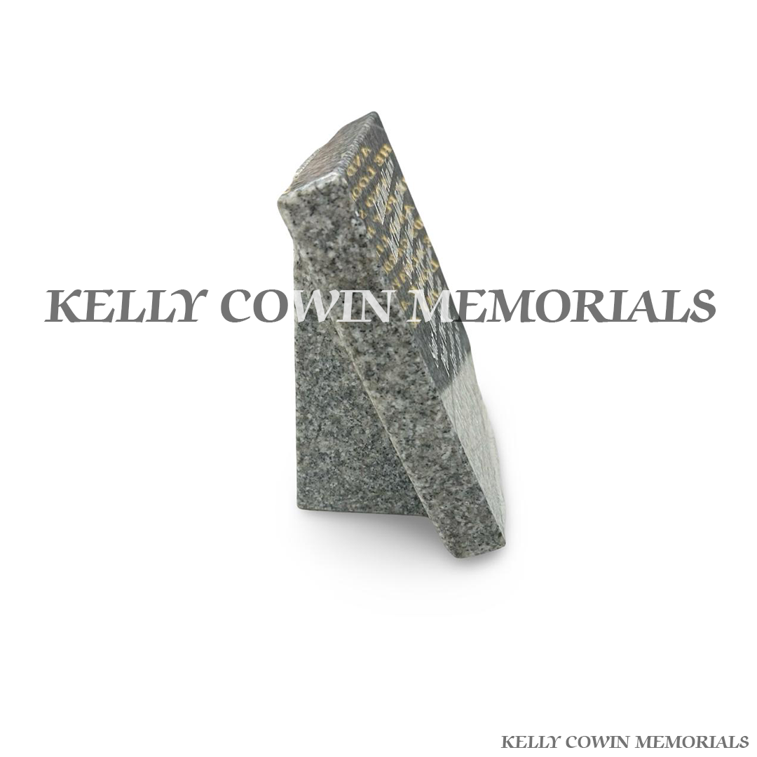 side view 12 inch grey granite memorial plaque with engraved white inscription, personalised remembrance plaque handcrafted by Kelly Cowin Memorials for graves, cremation memorials and memorial gardens across Dublin and Ireland.
