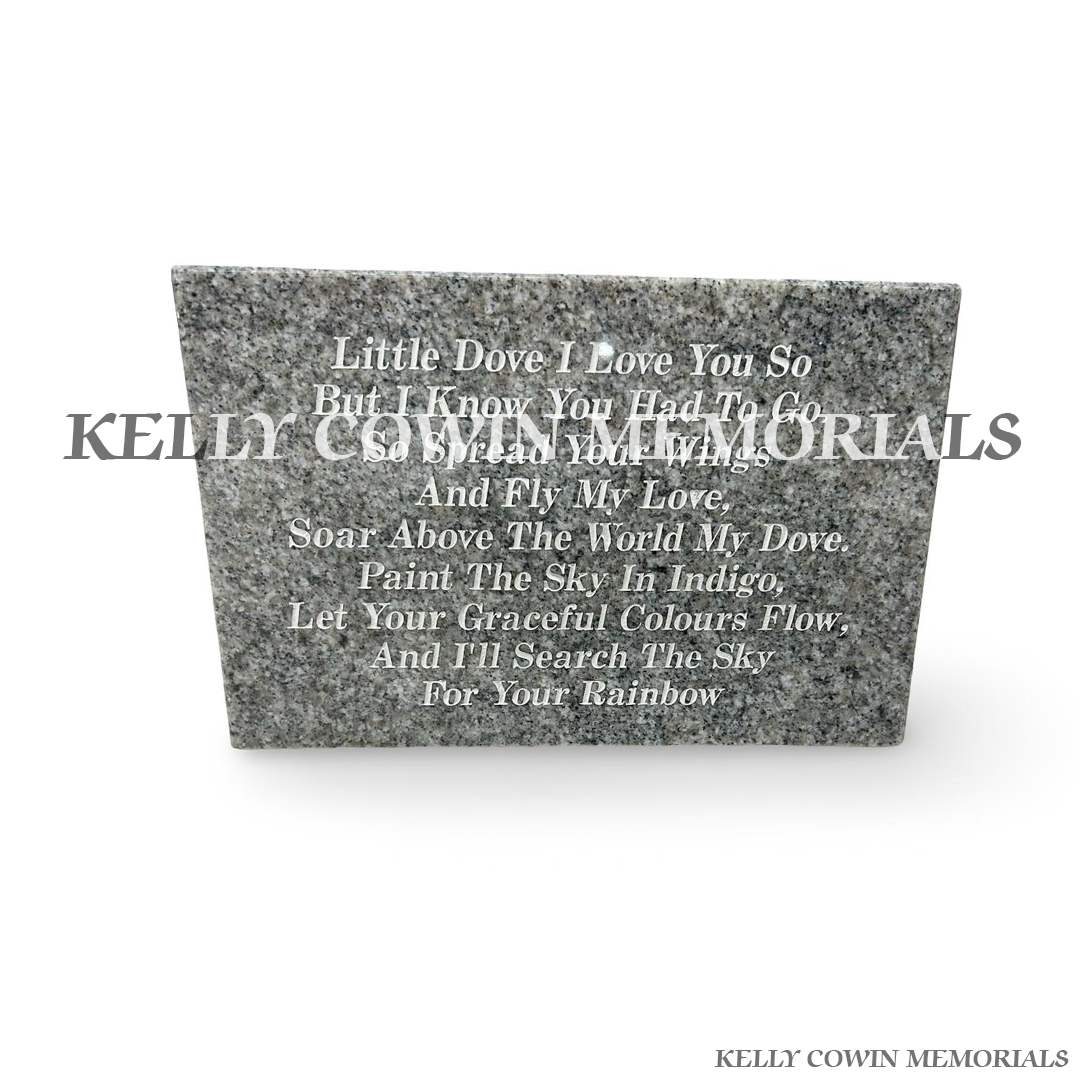 12 inch grey granite memorial plaque with engraved white inscription, personalised remembrance plaque handcrafted by Kelly Cowin Memorials for graves, cremation memorials and memorial gardens across Dublin and Ireland.