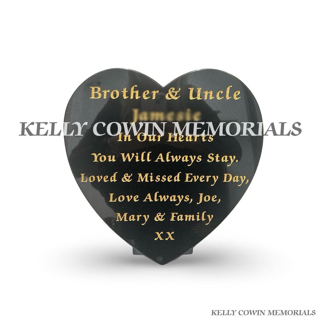 Black granite 12 inch heart-shaped memorial plaque with polished finish and 23.5-carat gold engraved inscription, handcrafted by Kelly Cowin Memorials for personalised memorials throughout Dublin and Ireland.