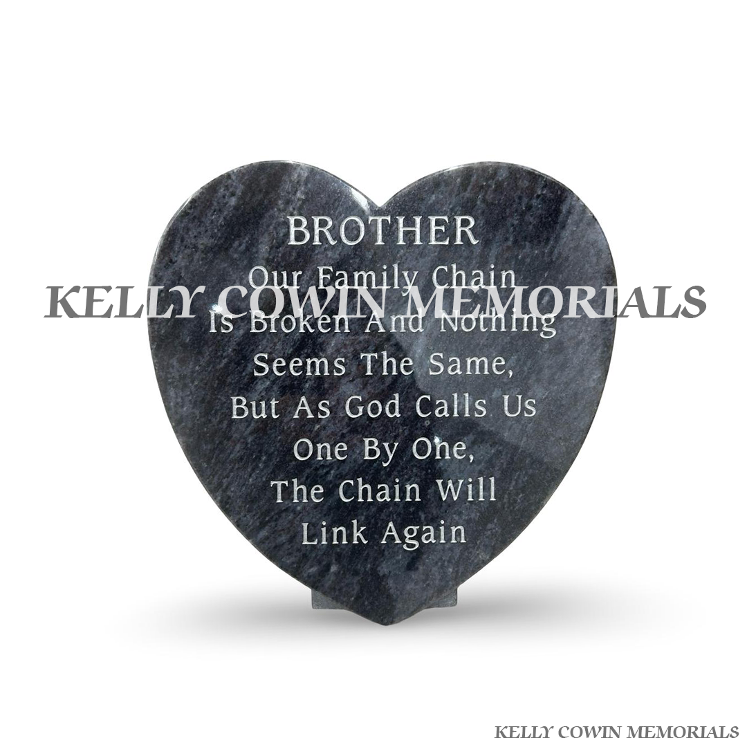 12 inch Blue Lagoon granite heart memorial plaque with personalised silver engraved inscription, handcrafted by Kelly Cowin Memorials for graves, cremation memorials and remembrance gardens throughout Dublin and Ireland.