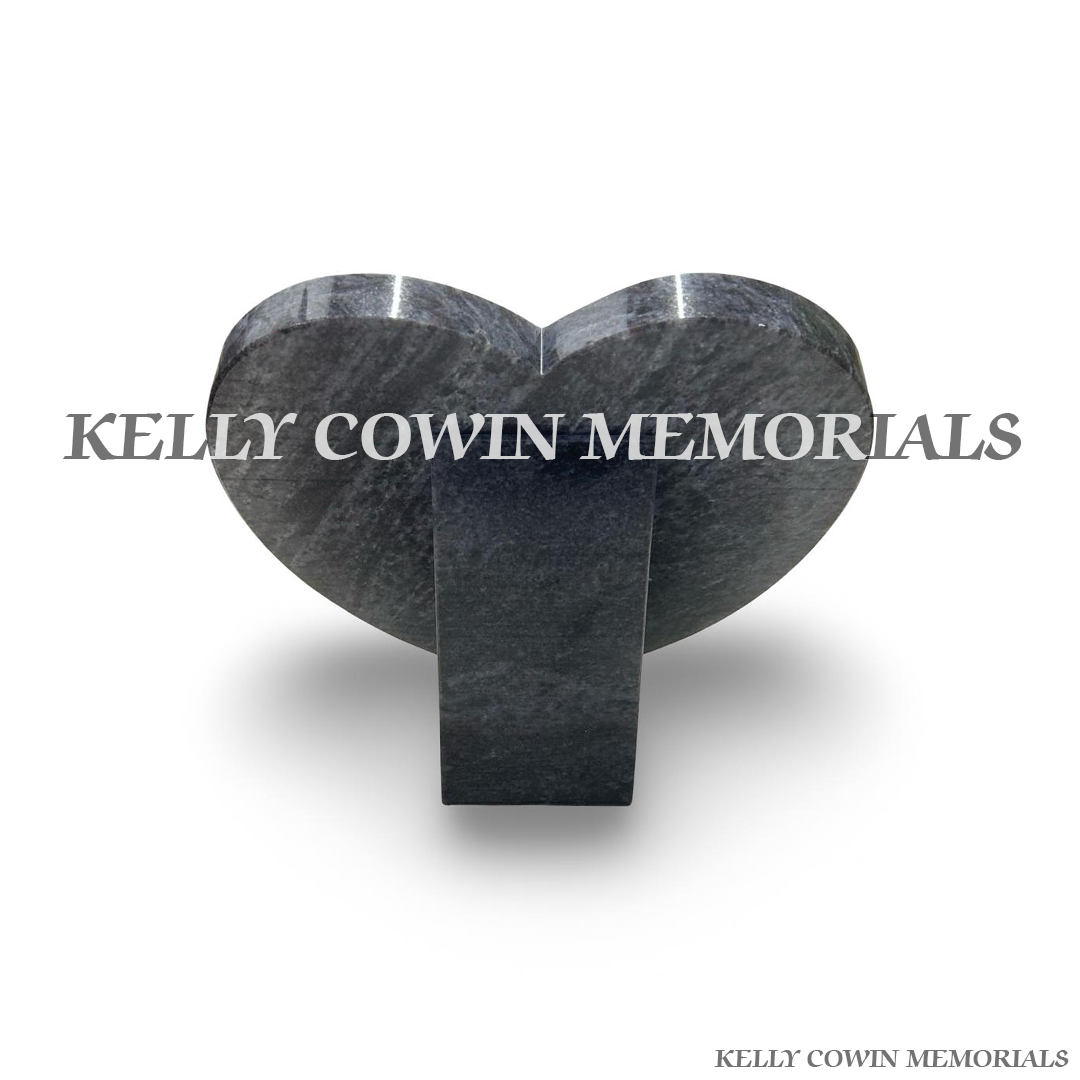 Back view of 12 inch Blue Lagoon granite heart memorial plaque with personalised silver engraved inscription, handcrafted by Kelly Cowin Memorials for graves, cremation memorials and remembrance gardens throughout Dublin and Ireland.