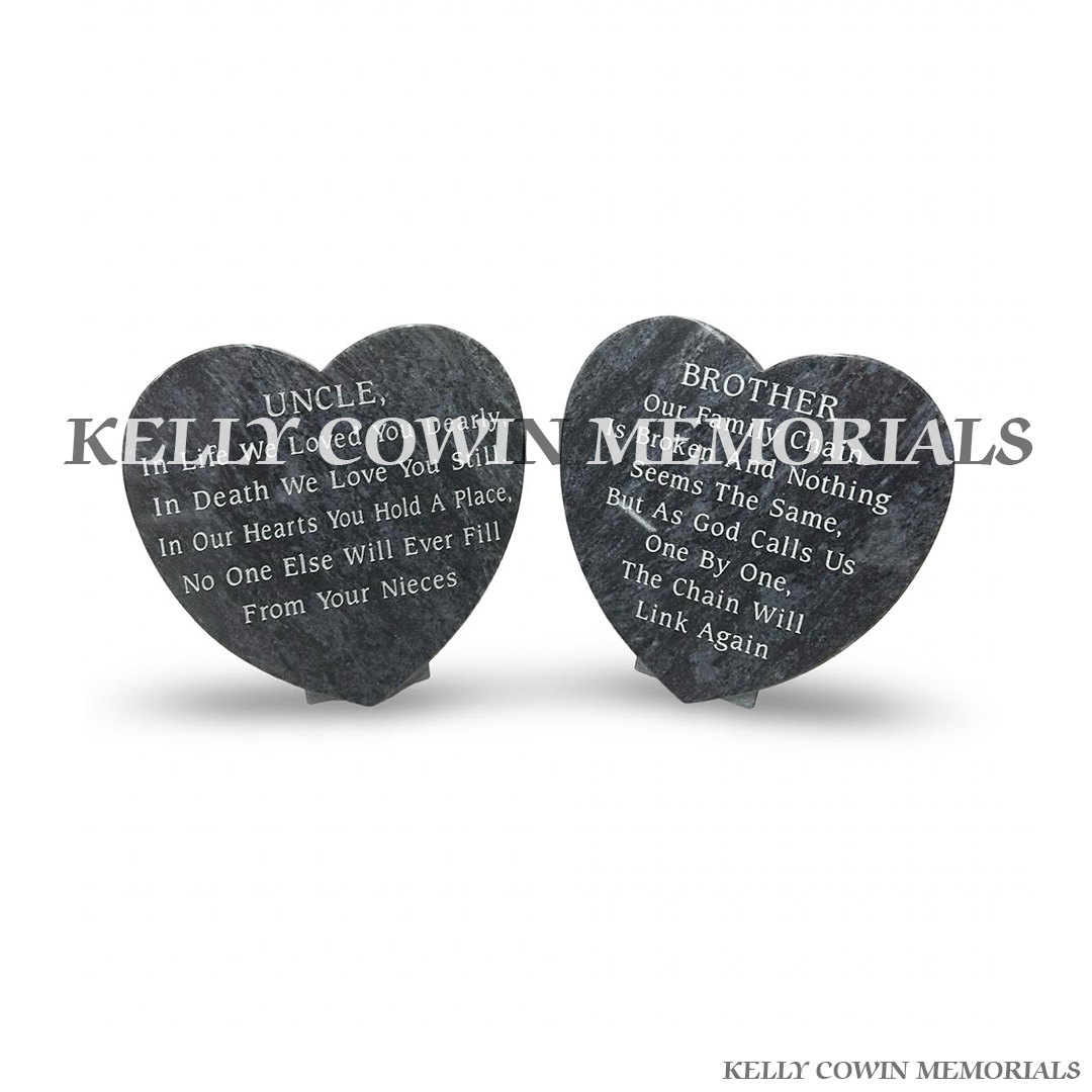 Set of two Blue Lagoon 12 inch heart-shaped granite memorial plaques with silver engraved inscriptions, handcrafted by Kelly Cowin Memorials for graves, memorial gardens and remembrance sites across Dublin and Ireland.
