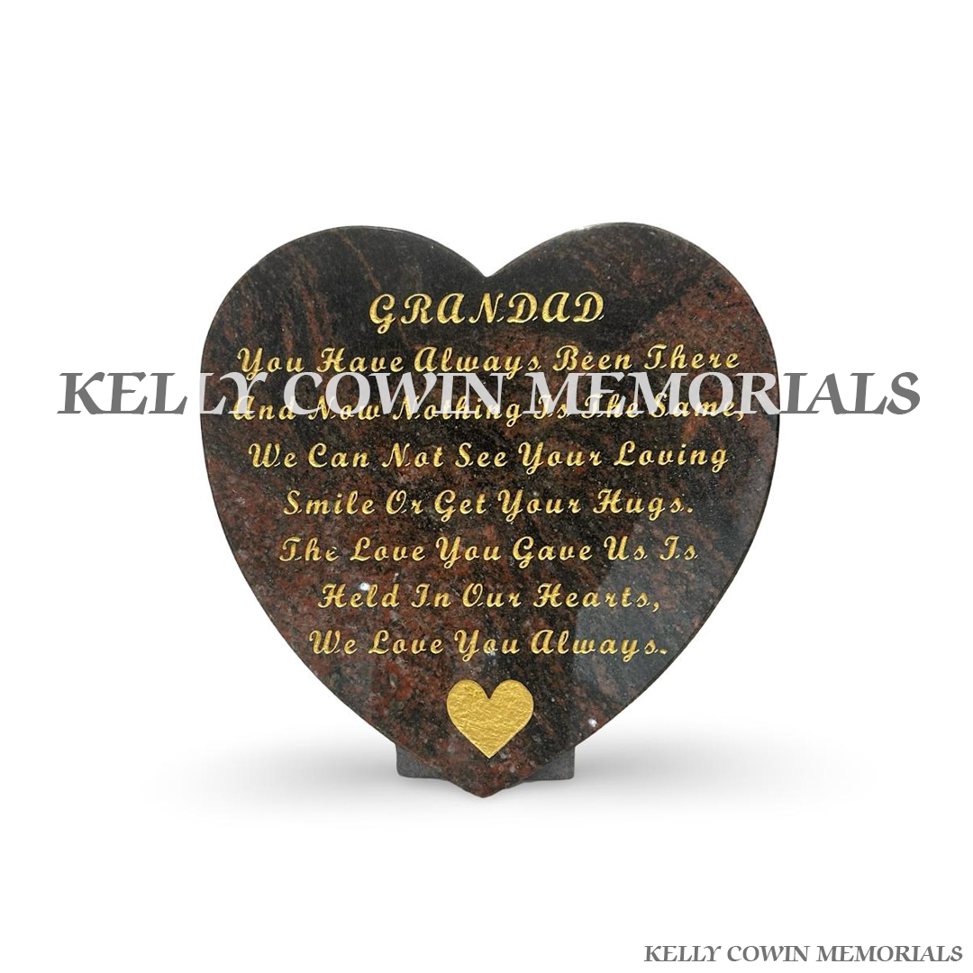 12 inch Pandora granite heart memorial plaque with 23.5-carat gold leaf inscription and polished finish handcrafted by Kelly Cowin Memorials for cemeteries and memorial gardens across Dublin and Ireland.
