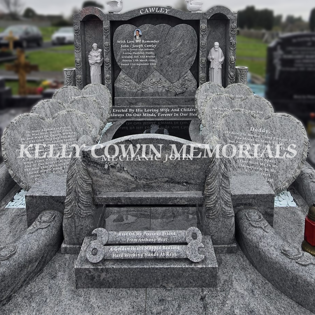 Detailed carved granite hearts with white engraved inscriptions on custom memorial in Creagh Cemetery Ballinasloe.