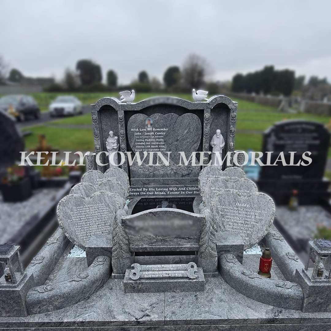 Custom Viscount White granite memorial with heart headstone, pillars, grottos and horse bench in Creagh Cemetery Ballinasloe.
