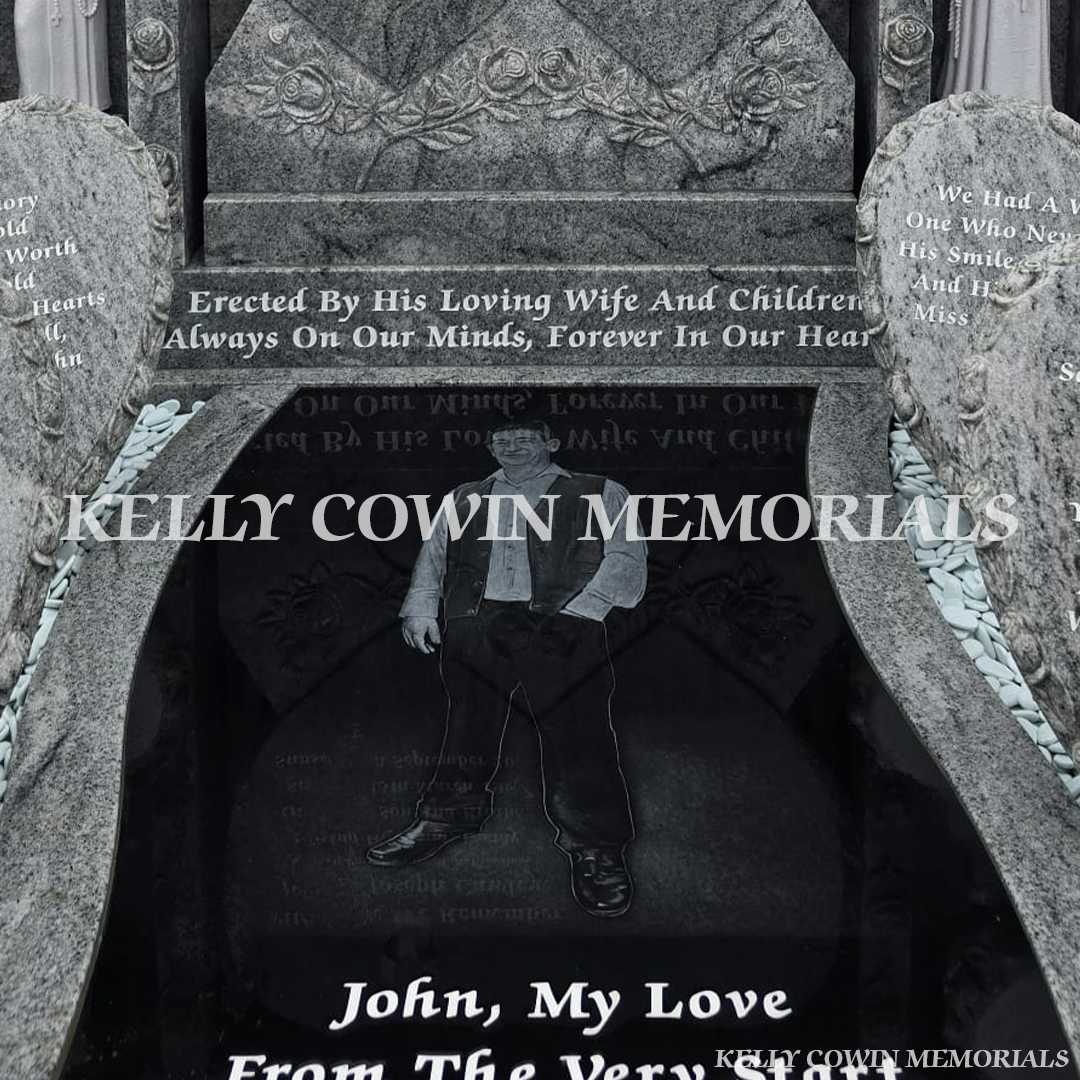 Laser-etched portrait panel on polished granite centrepiece of custom Viscount White memorial in Creagh Cemetery Ballinasloe.