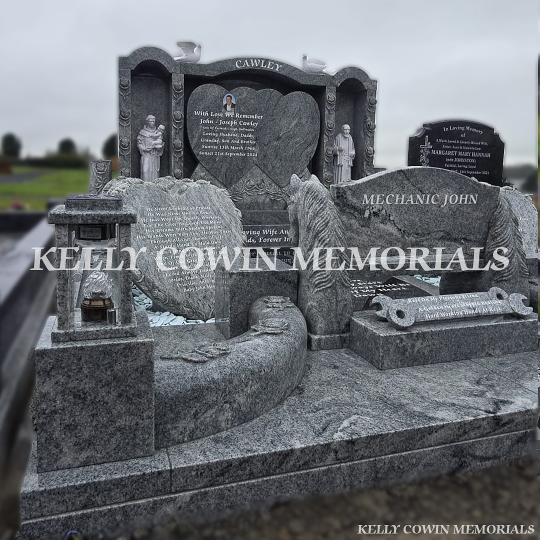 Side view of custom Viscount White memorial with horse-shaped bench, carved kerbing and personalised features in Creagh Cemetery Ballinasloe.