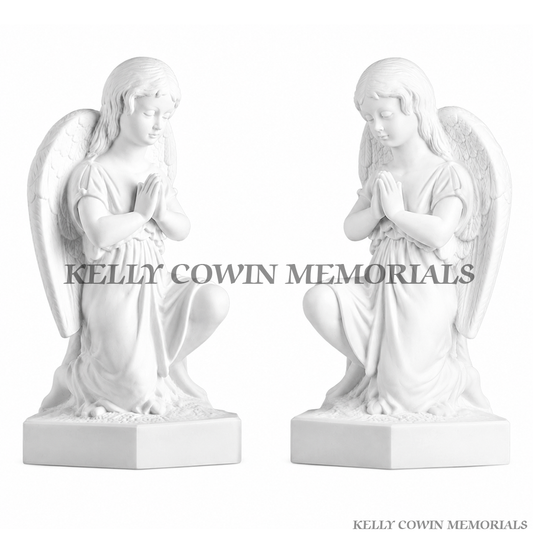 White glazed praying angel memorial statue for graveside and headstone decoration by Kelly Cowin Memorials Ireland