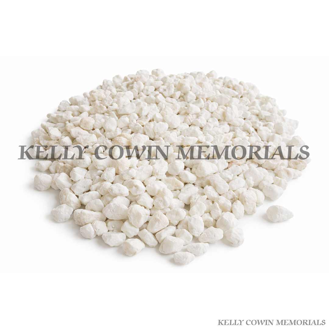 White Dolomite grave chippings supplied in Dublin by Kelly Cowin Memorials with nationwide delivery across Ireland.