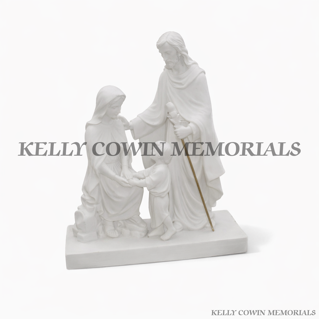 White Holy Family memorial statue grave ornament for headstone in Ireland