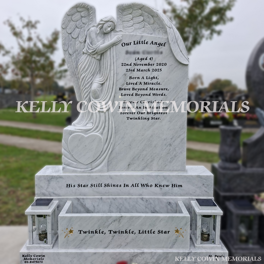 White marble angel headstone black inscription, balgriffin cemetery x1 solar lanterns, flowerbox installed by kelly cowin memorials