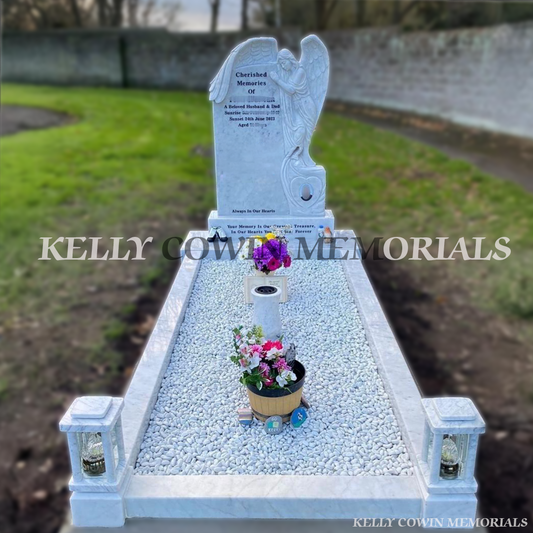 White marble angel headstone with kerbing and lantern posts installed at Kenure Cemetery Rush by Kelly Cowin Memorials