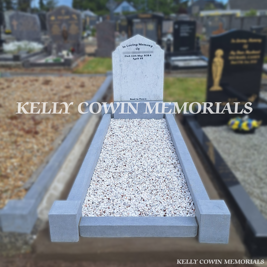 Front view of custom white marble headstone with limestone kerbing in Whitestown Cemetery
