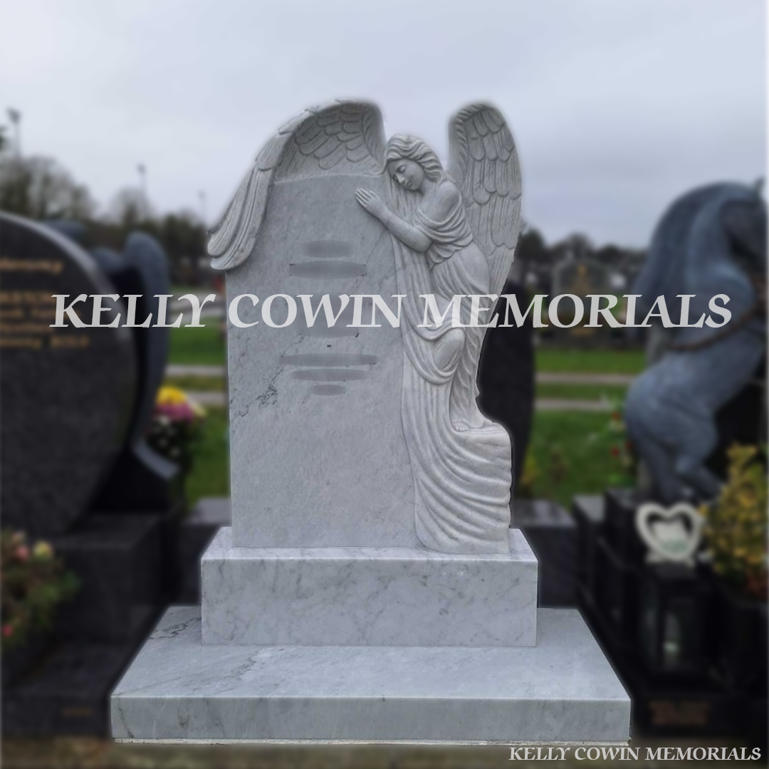 White marble angel headstone erected in Balgriffin Cemetery Dublin by Kelly Cowin Memorials