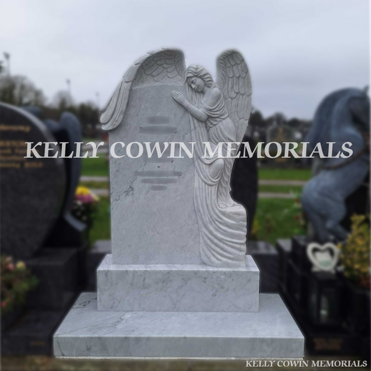 White marble angel headstone erected in Balgriffin Cemetery Dublin by Kelly Cowin Memorials