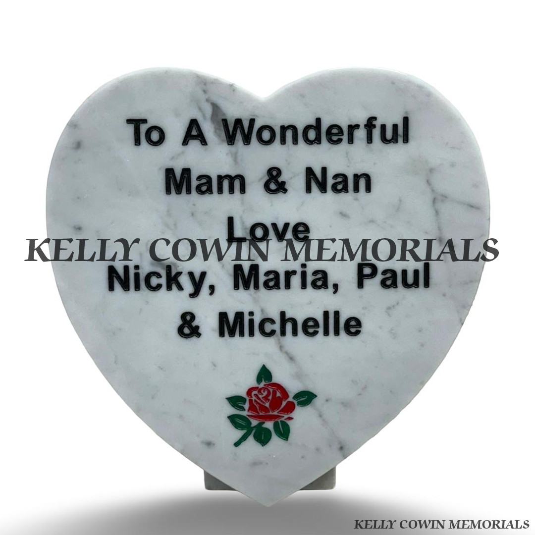 White marble 12 inch heart memorial plaque with personalised black engraved inscription and coloured rose image by Kelly Cowin Memorials Ireland.