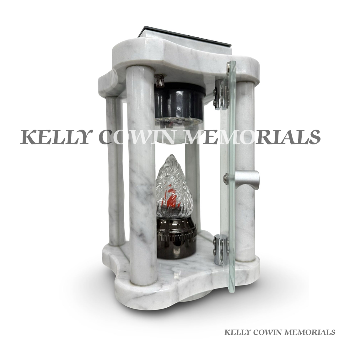 Front view of white marble hexagon solar memorial lantern