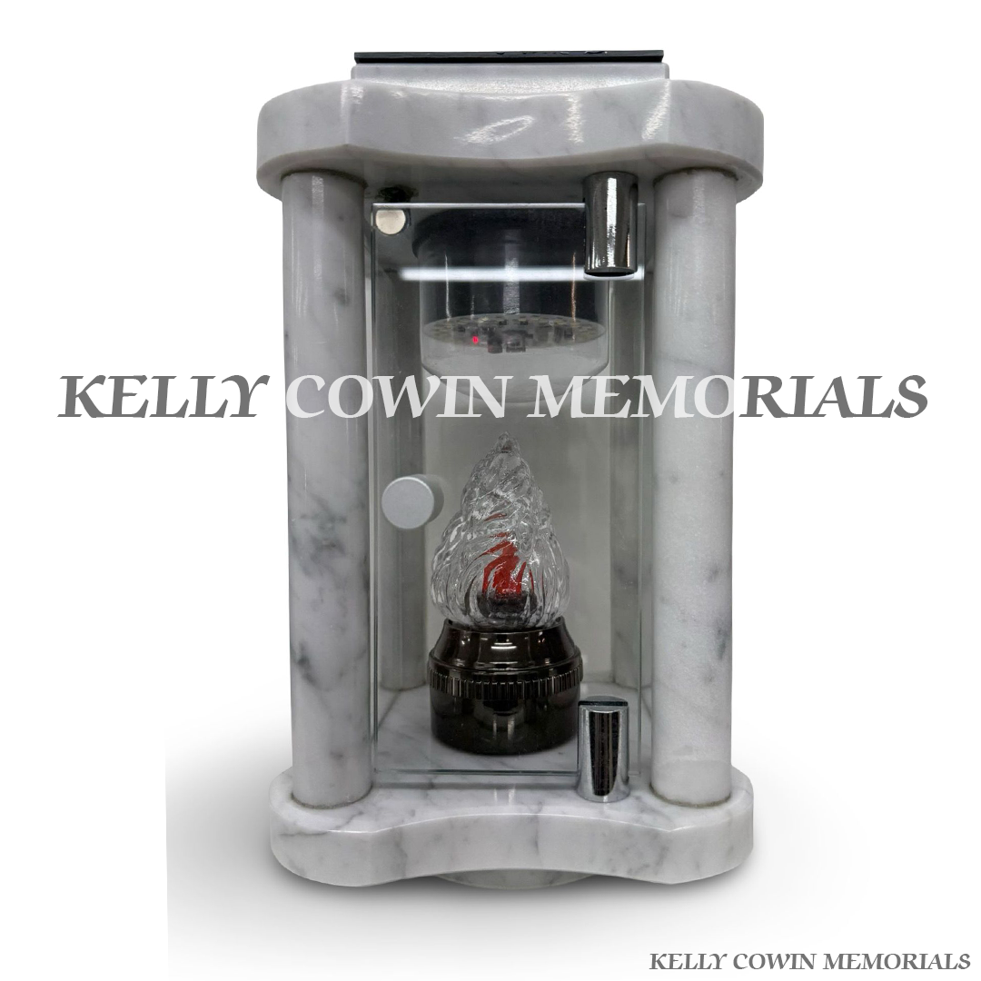 Front view of white marble hexagon solar memorial lantern