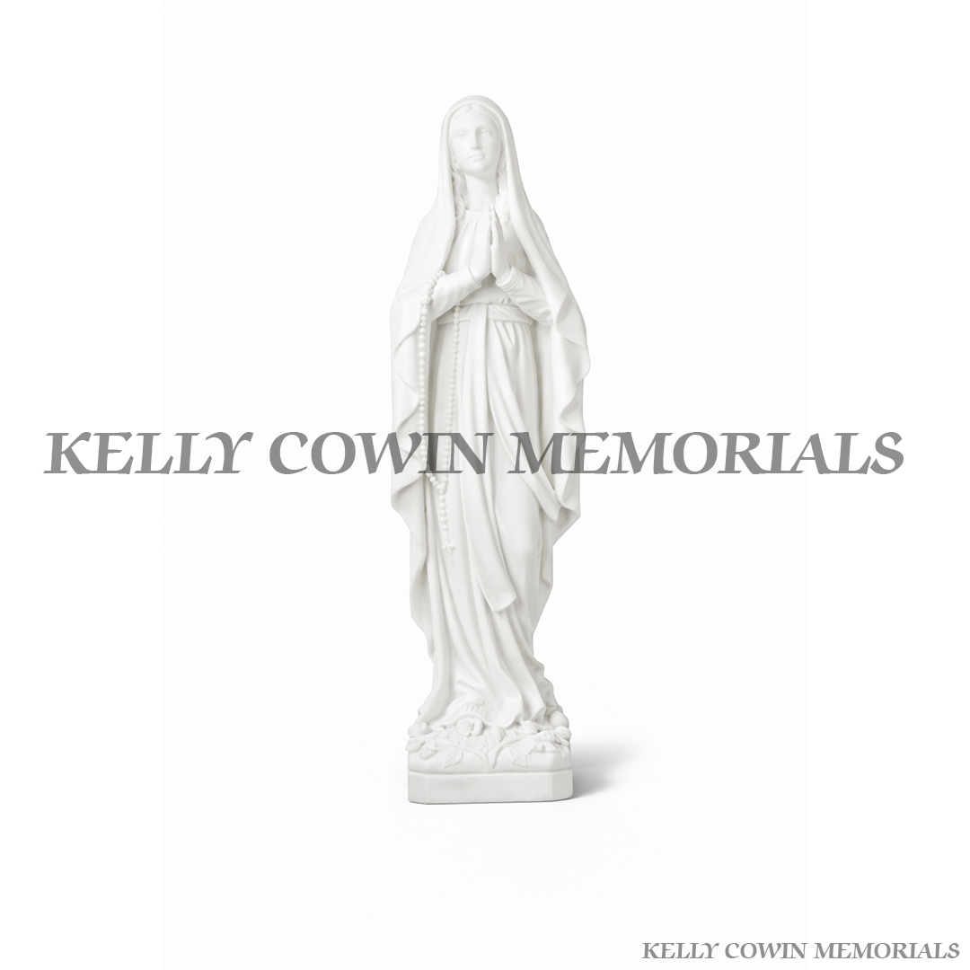 White Our Lady statue memorial ornament for grave headstone in Ireland by Kelly Cowin Memorials