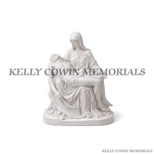 White Pietà memorial statue grave ornament for headstone in Ireland by Kelly Cowin Memorials