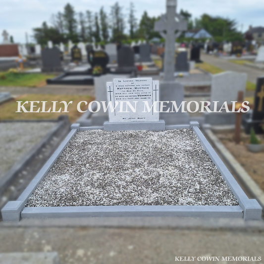 After renovation of restored white marble headstone and limestone grave surround