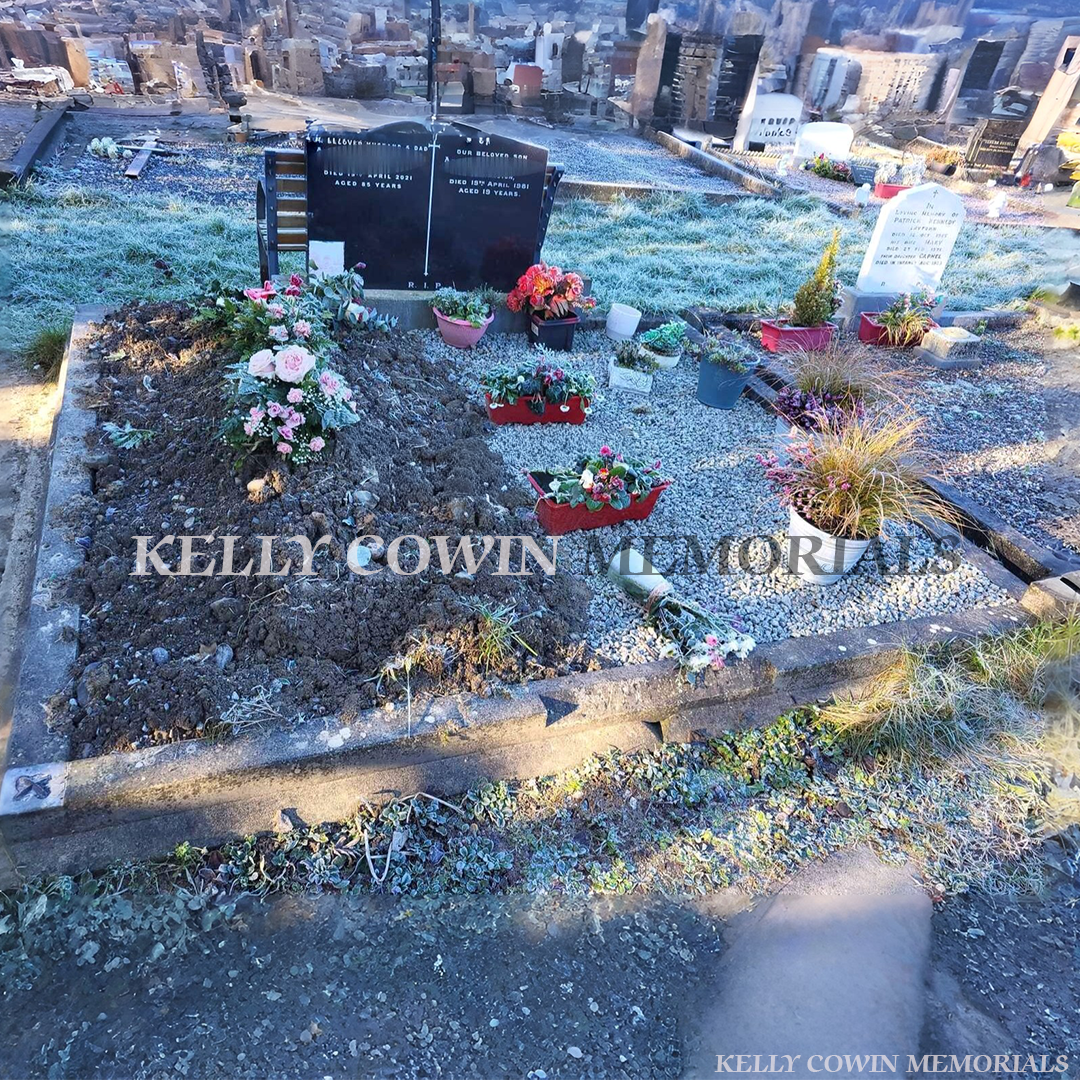 before of grave renovation with new stone chippings and cleaned memorial plot in Dublin Ireland